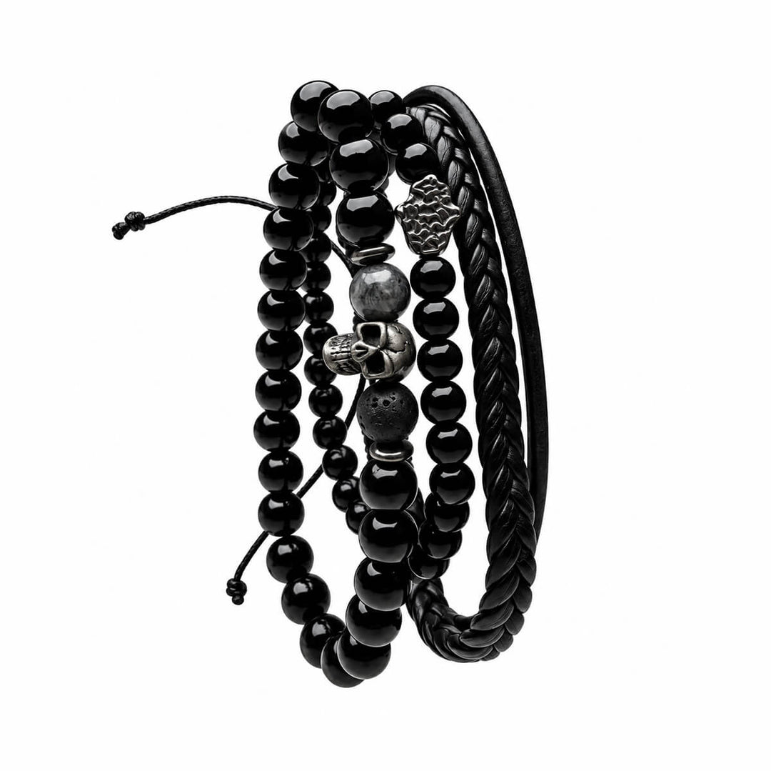 Svart armbandsset för män med dödskalle- och hamsahandsdekorationer