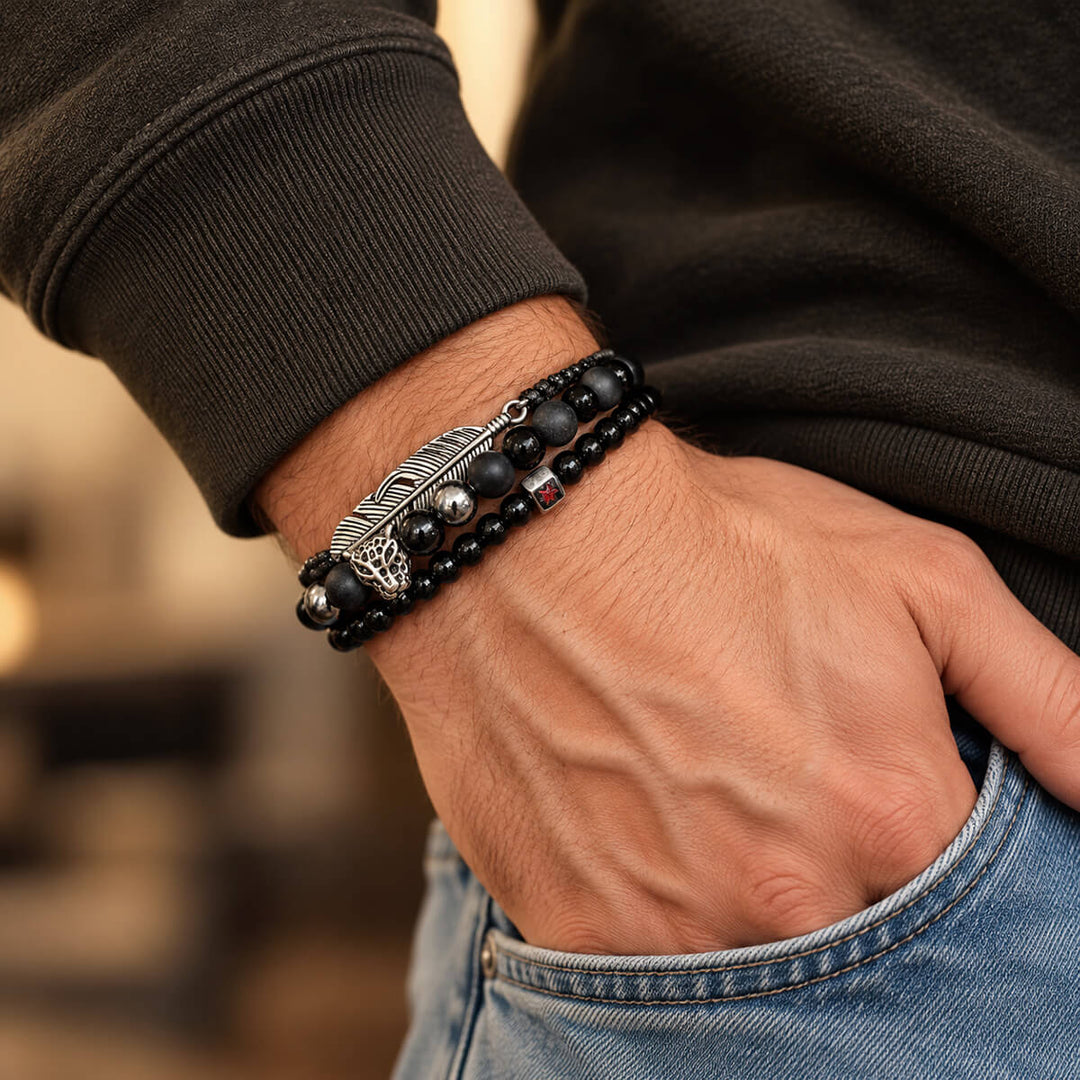 Black Feather Skull bracelet set on a man&