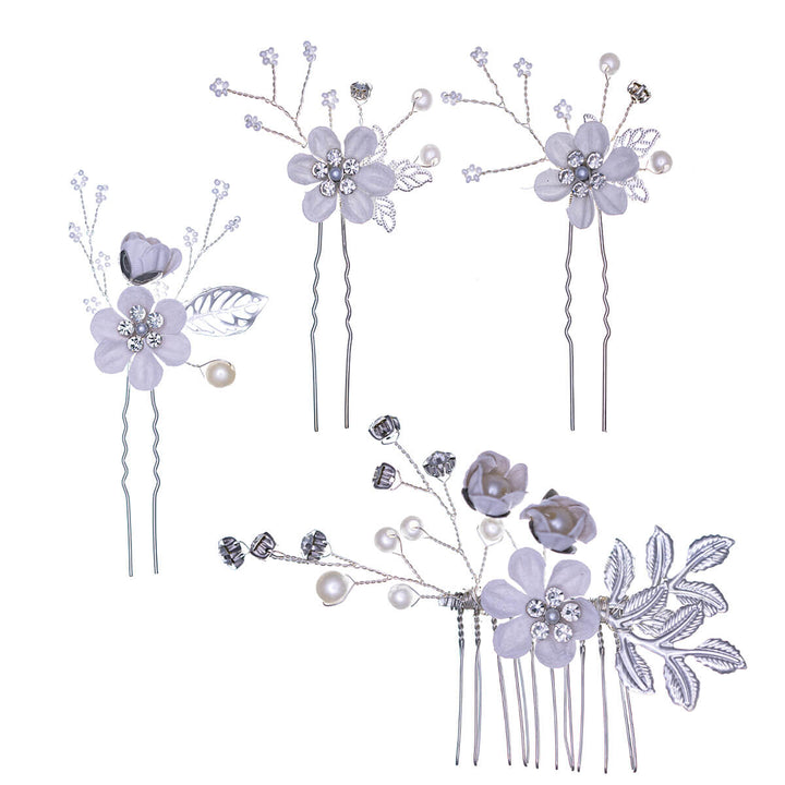 Flower hair accessory decorated with pearls, 3 pcs invisible + 1 pc comb, silver set