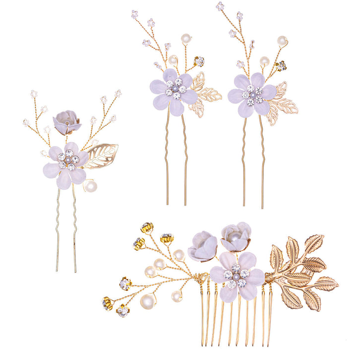 Blomsterhårdekoration med pärlor, 3 stycken, livlösa + 1 stycke kamset