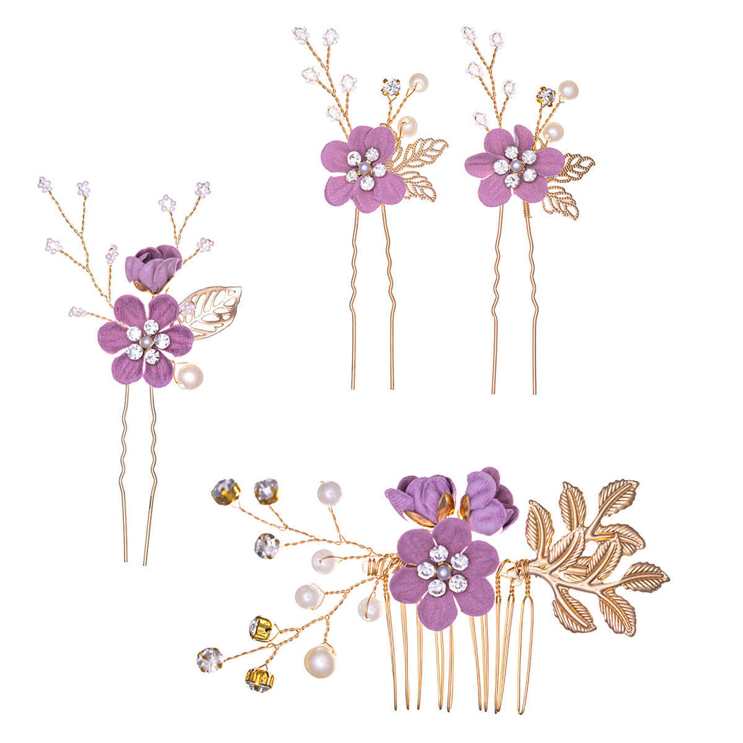 Blomsterhårdekoration med pärlor, 3 stycken, livlösa + 1 stycke kamset