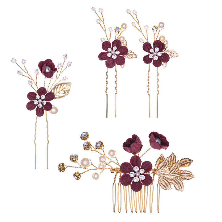 Blomsterhårdekoration med pärlor, 3 stycken, livlösa + 1 stycke kamset