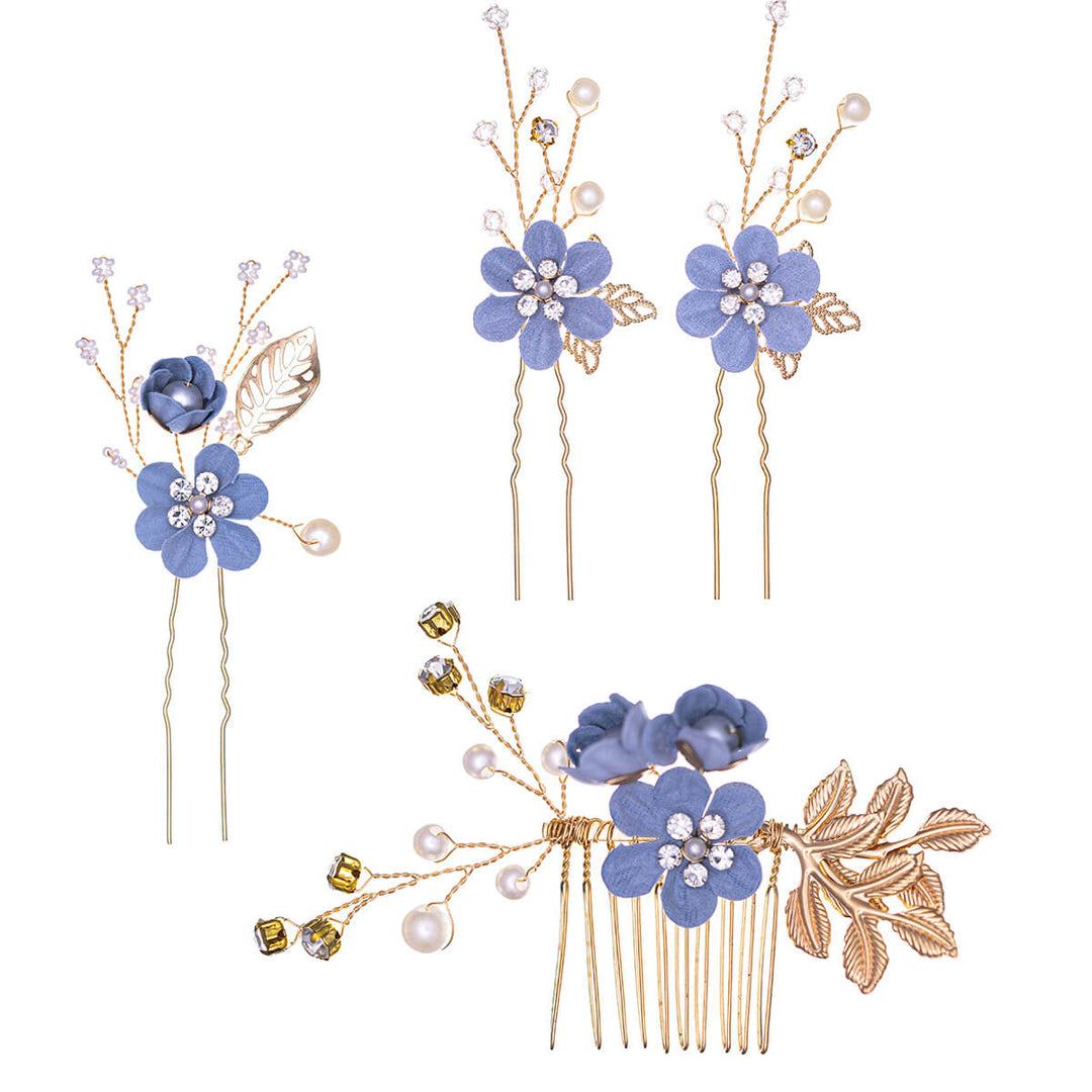 Blomsterhårdekoration med pärlor, 3 stycken, livlösa + 1 stycke kamset