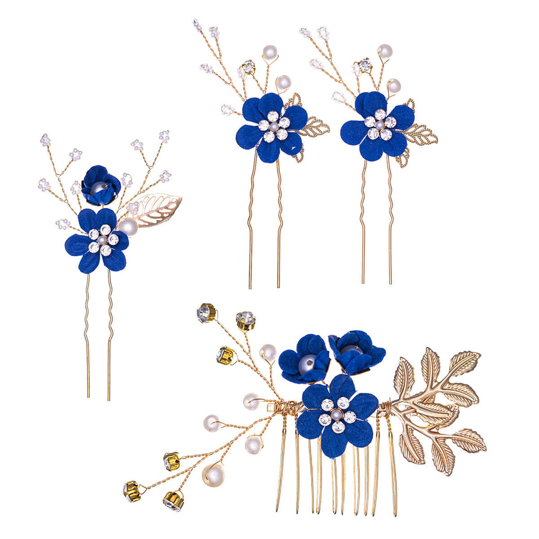 Blomsterhårdekoration med pärlor, 3 stycken, livlösa + 1 stycke kamset