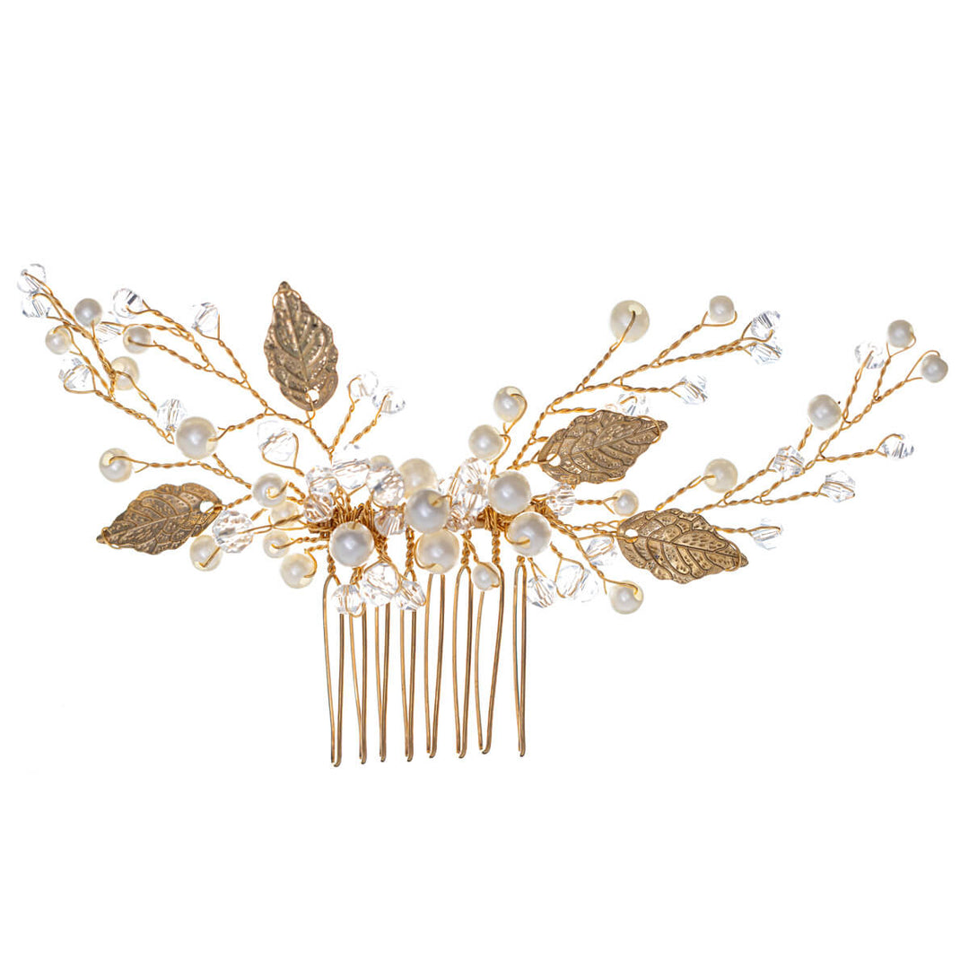 Golden hair ornament with pearls and leaves