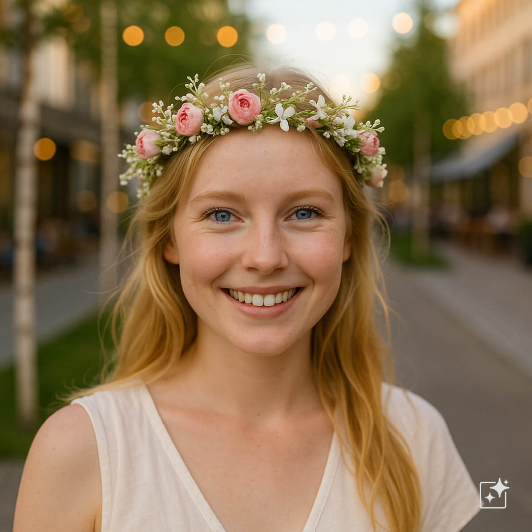 Krans av rosa rosenkransar