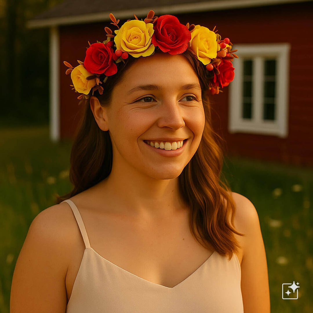 Färgstark blomsterkrans av rosor