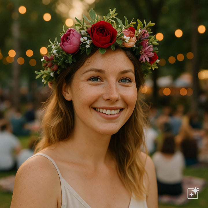 Färgstark blomsterkrans av rosor