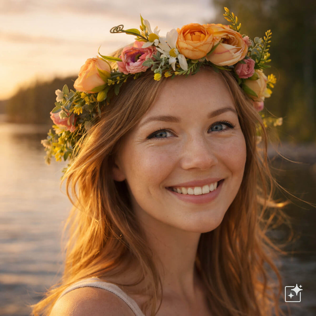 En krans av persikrosa ängsblommor