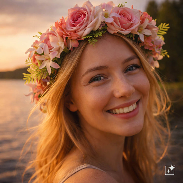 En ljusrosa blomsterkrans med rosor