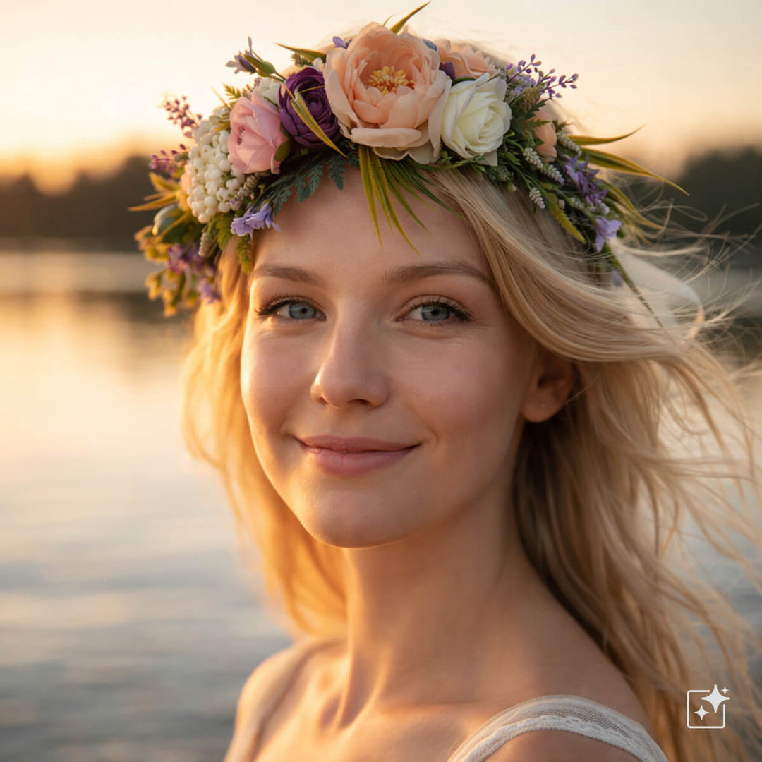 En romantisk blomsterkrans i nyanser av persika och lila