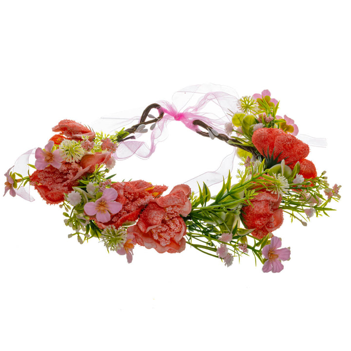En blomsterkrans i korallrött