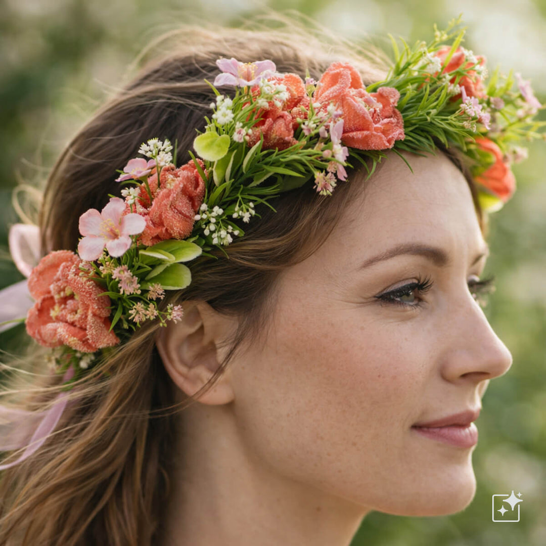 En blomsterkrans i korallrött