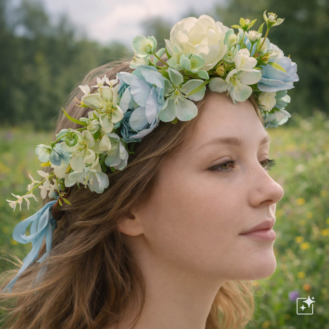 En ljusblå blomsterkrans med vita blommor