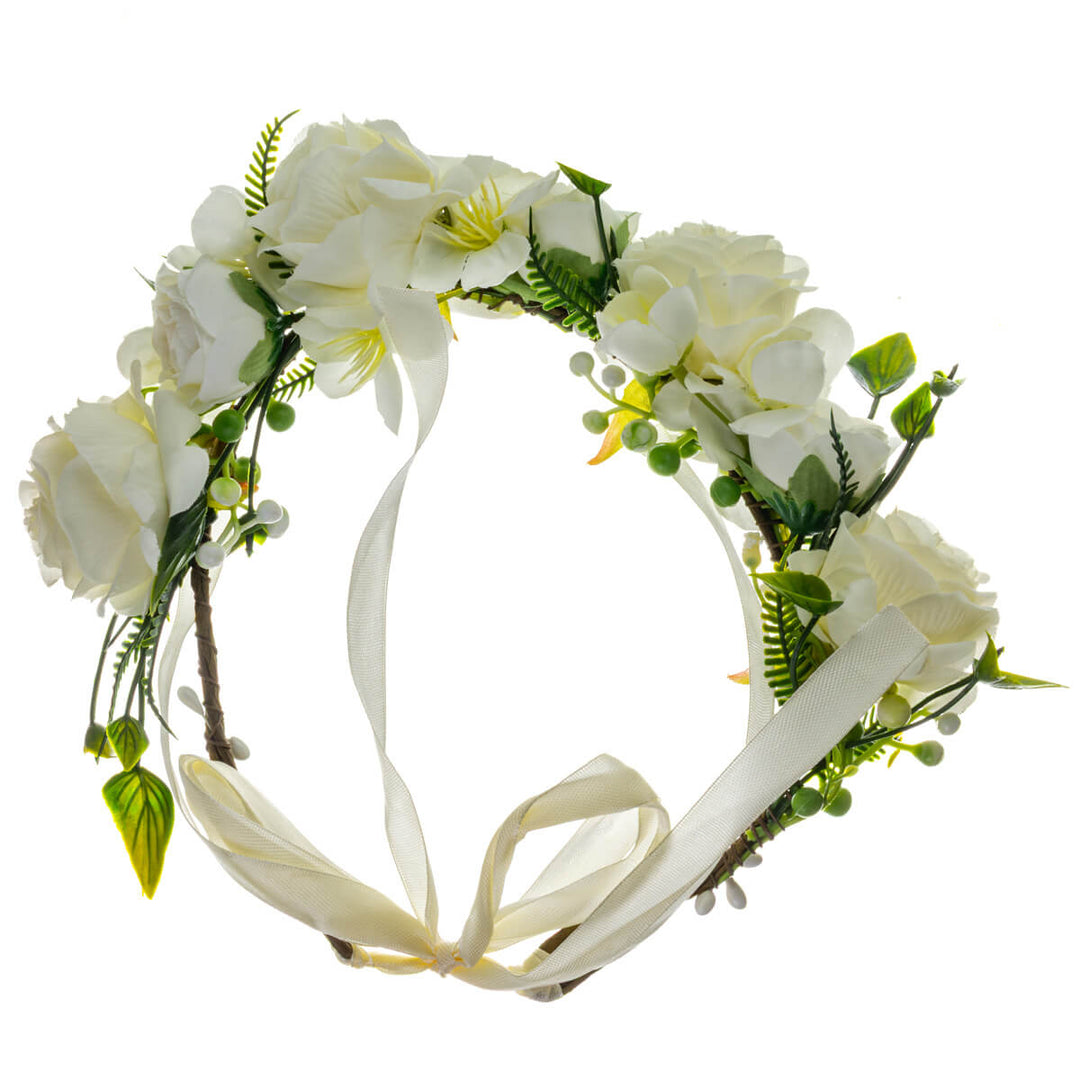 Vit blomsterkrans med rosor