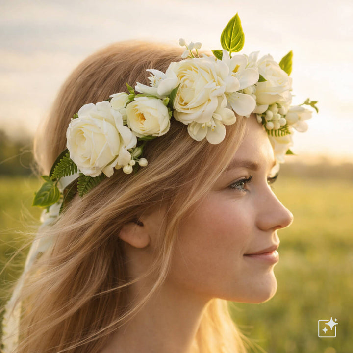 Vit blomsterkrans med rosor