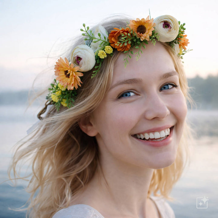En blomkrans i varma nyanser med orange och vita blommor