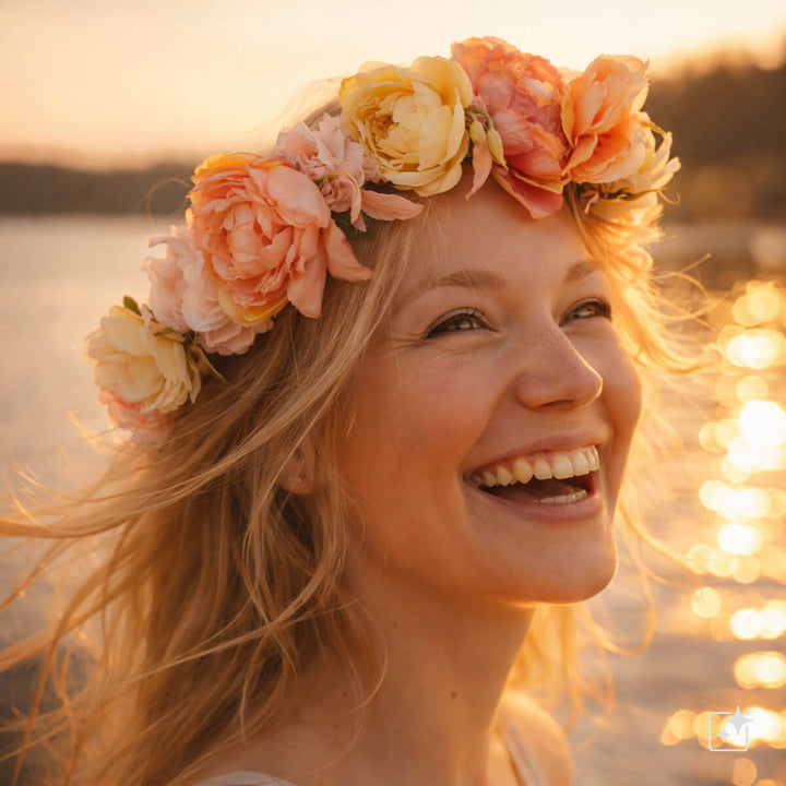 En ljusrosa blomsterkrans med stora blommor