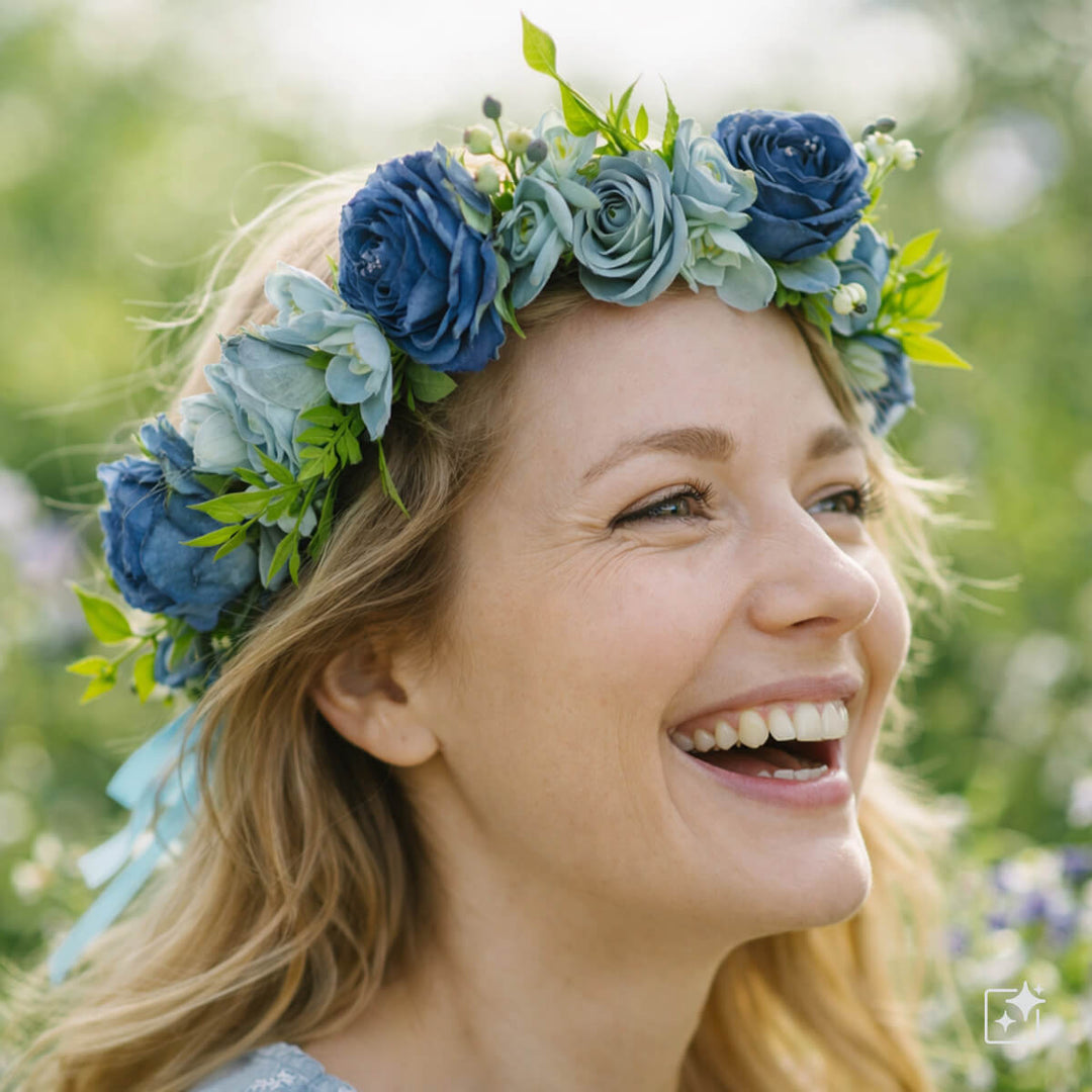 Blå blomsterkrans med rosor