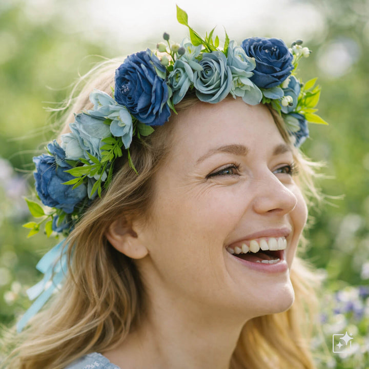 Blå blomsterkrans med rosor