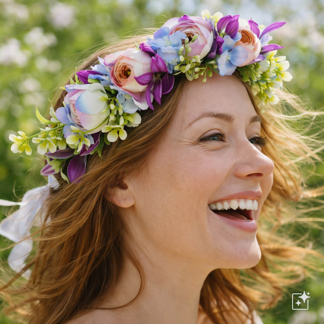 En violett-lila blomsterkrans med rosa detaljer