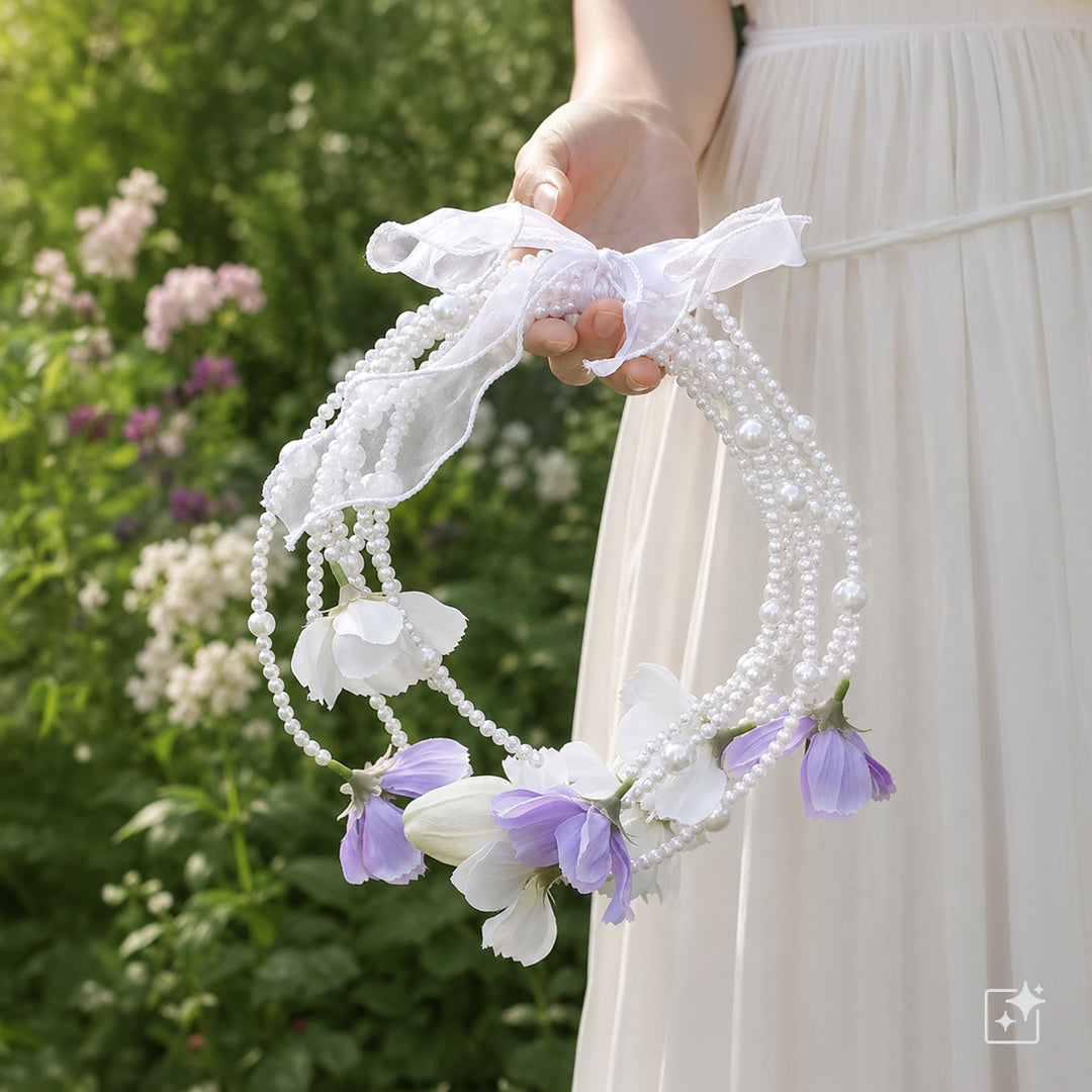 Helmikaari brudbukett – vit-lila konstgjorda blommor