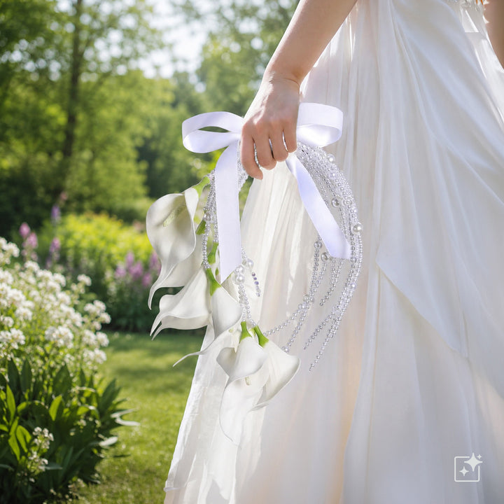 A bridal bouquet with a pearl arch – white artificial flowers