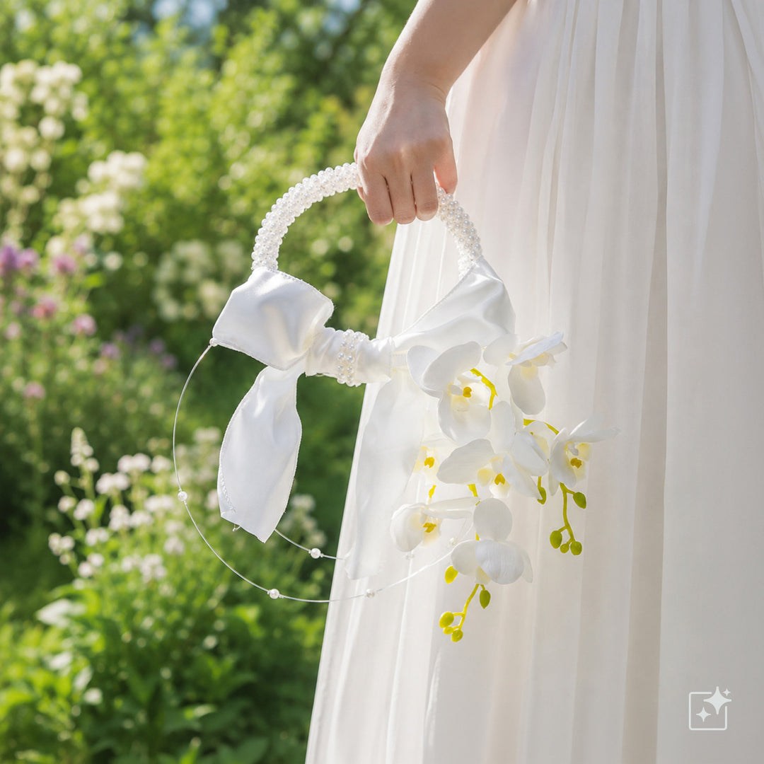 Brudbukett med pärlhuvud och orkidéer – vit konstgjord blomma