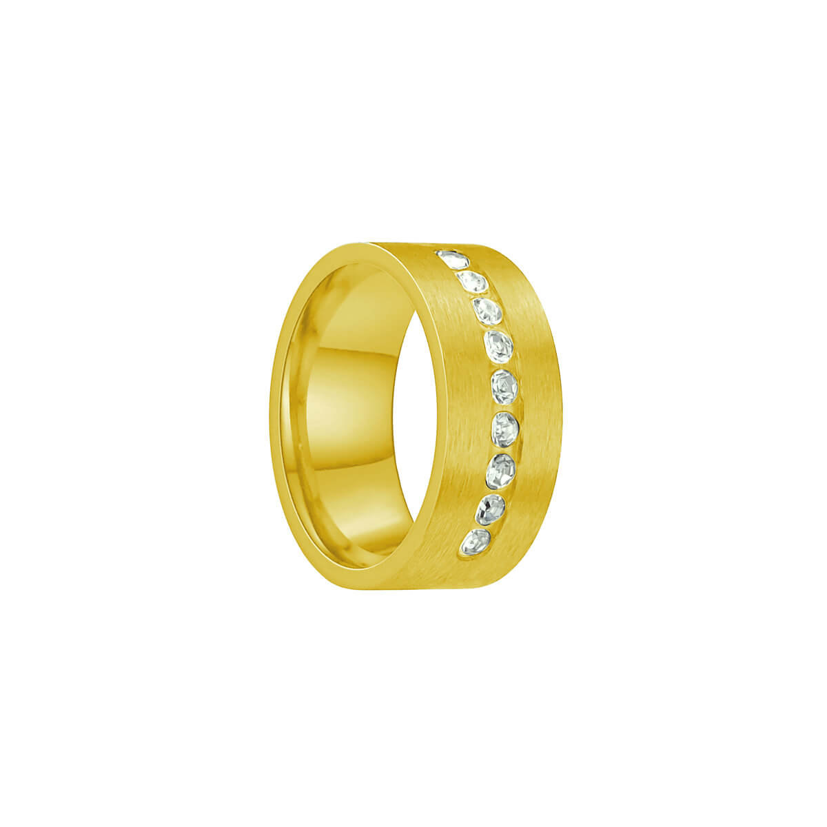 Gold wide brushed steel ring with rhinestones (Steel 316L)
