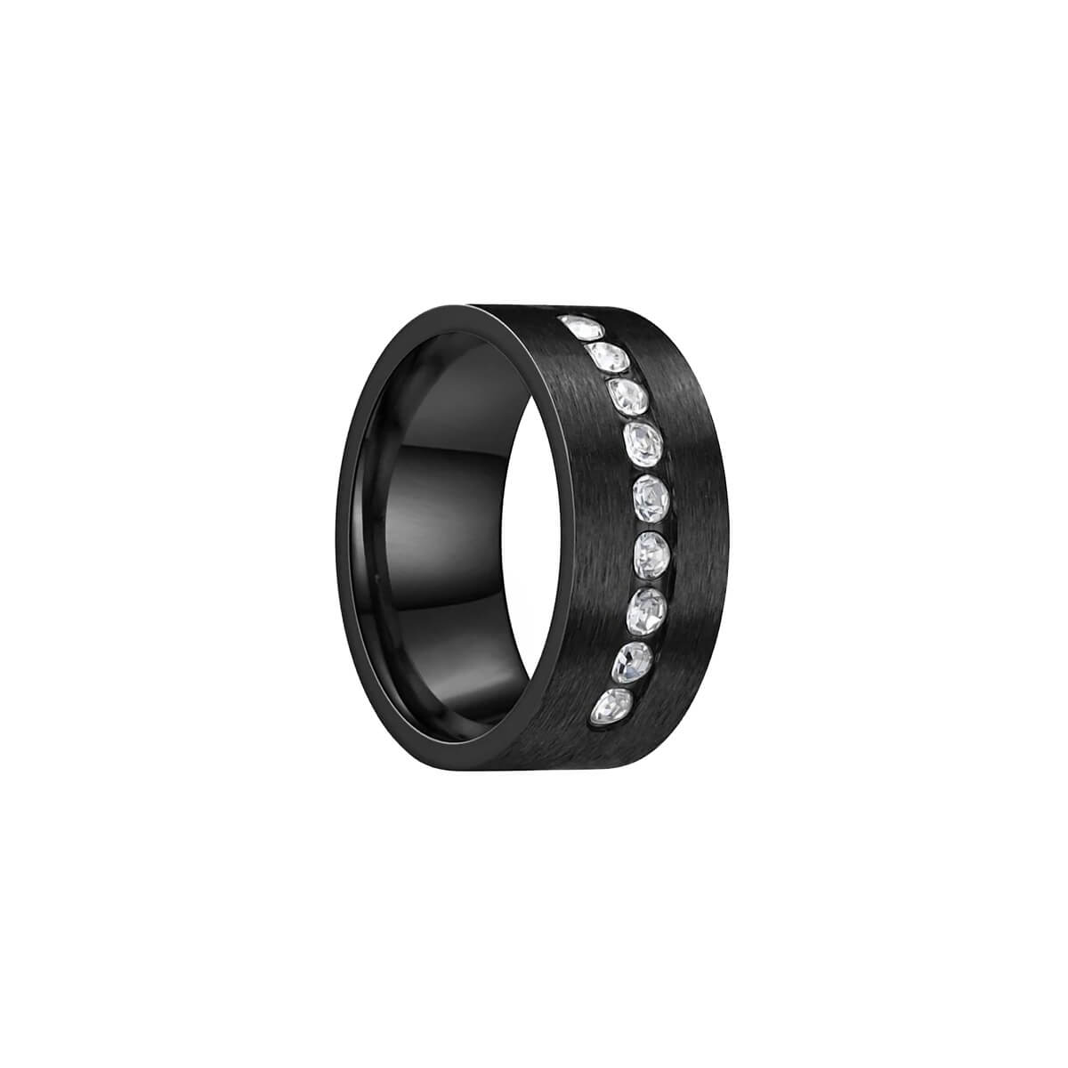 Black wide brushed steel ring with rhinestones (Steel 316L)