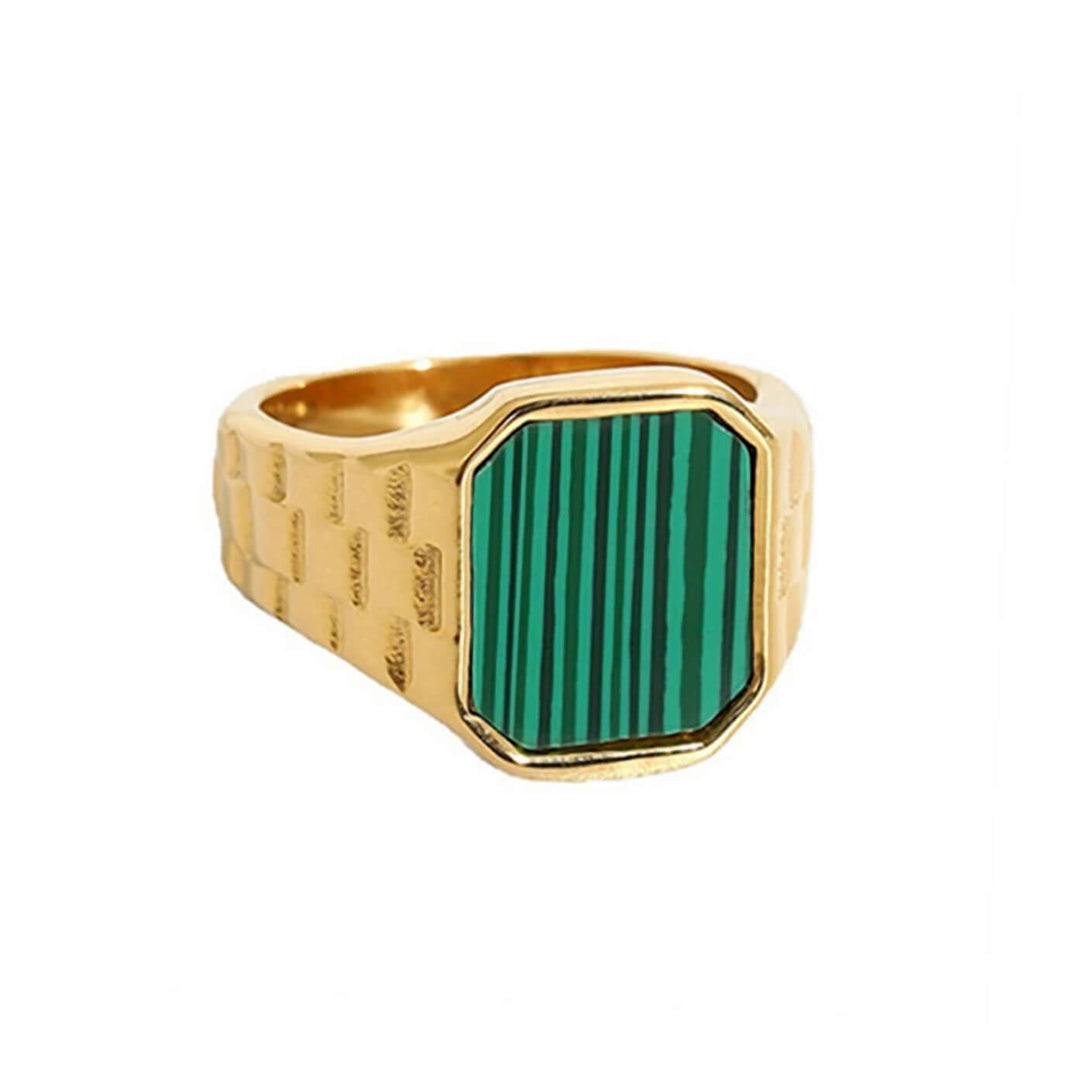 Gold plated steel wedding ring with green stone (Steel 316L)