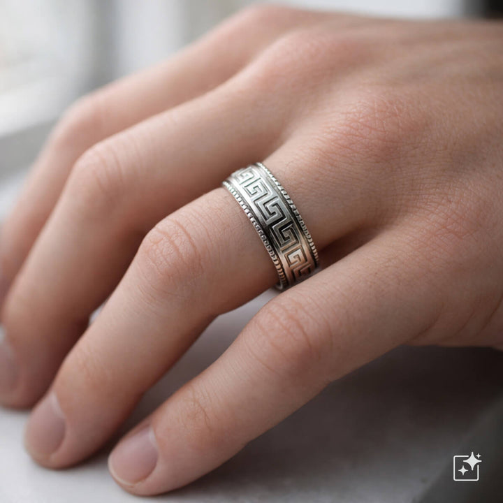 Wide Greek key pattern stress ring 8mm Spinner (Steel 316L)