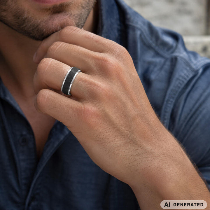 Glittrande svart antistressring med dekorerade kanter (316L-stål)