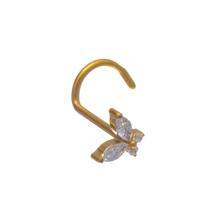 Guldpläterad näsring i form av en fjäril med zirkoner, spiralformad, 0,8 mm (PVD-belagt titan G23)