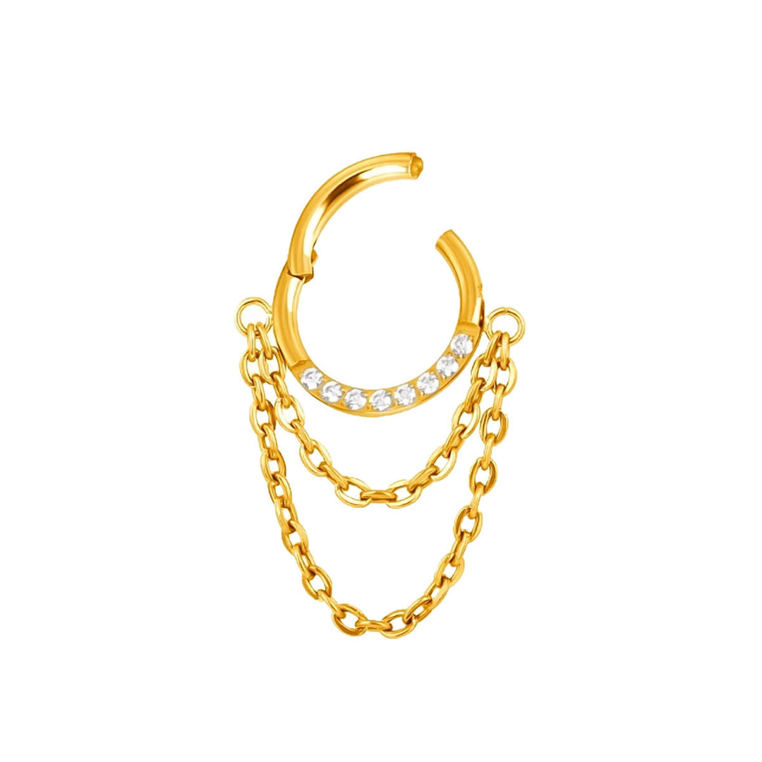 Guldfärgad zirkonia-ring med klickmekanism och dubbelkedja, 1,2 mm (PVD-behandlad titan G23)