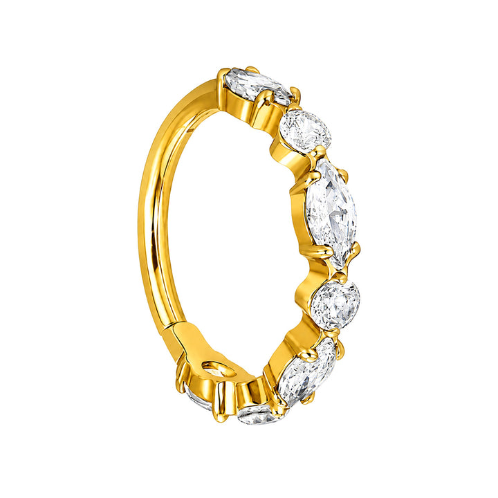 Rad med zirkoner, clicker, gul titan, piercingring 1,2 mm (PVD-behandlad titan G23)