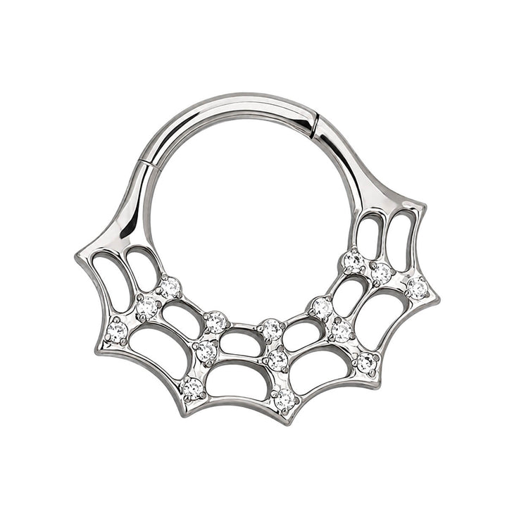 Septumring med zirkonia-stenar i spindelnätdesign, clicker, 1,2 mm (Titan G23)