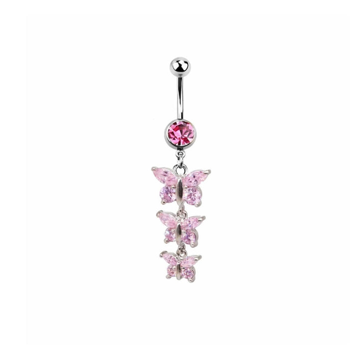 Hanging zirconia butterfly button chain with 3 butterflies (Steel 316L)