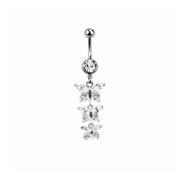 Hanging zirconia butterfly button chain with 3 butterflies (Steel 316L)