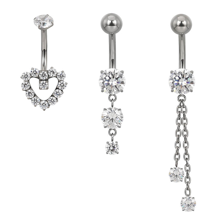 Titanium Belly piercings zirconia stones, set of 3, 1.6 mm (Titanium G23)