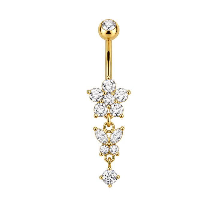 Gold-tone flower stud earrings with a zirconia butterfly pendant (PVD-coated 316L stainless steel)