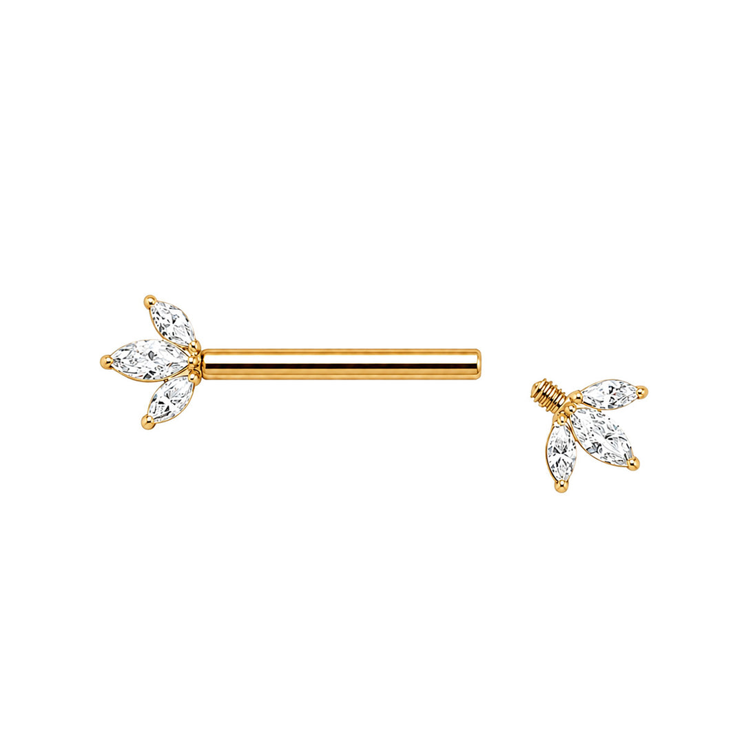 Guldpläterad titan-bröstvårtsring med 3 marquise-formade zirkoner (PVD-behandlad titan G23)