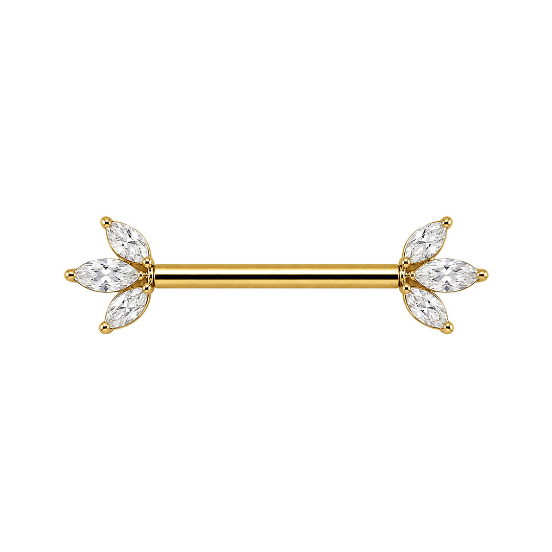 Guldpläterad titan-bröstvårtsring med 3 marquise-formade zirkoner (PVD-behandlad titan G23)