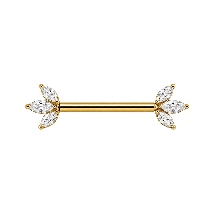 Guldpläterad titan-bröstvårtsring med 3 marquise-formade zirkoner (PVD-behandlad titan G23)