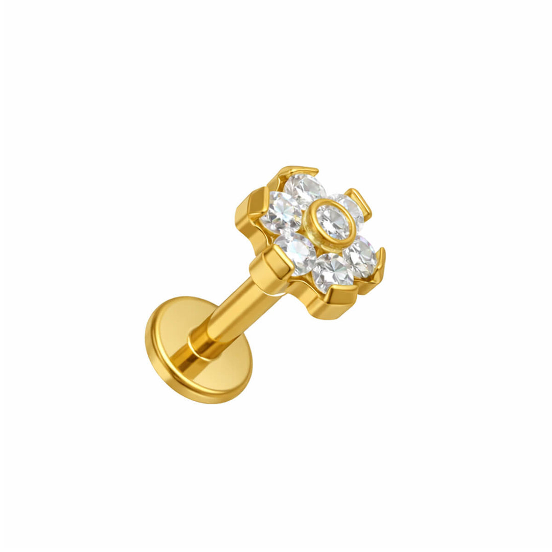 Guld zirkonia sten blomma rustik labret 1,2 mm (Titan G23 PVD)