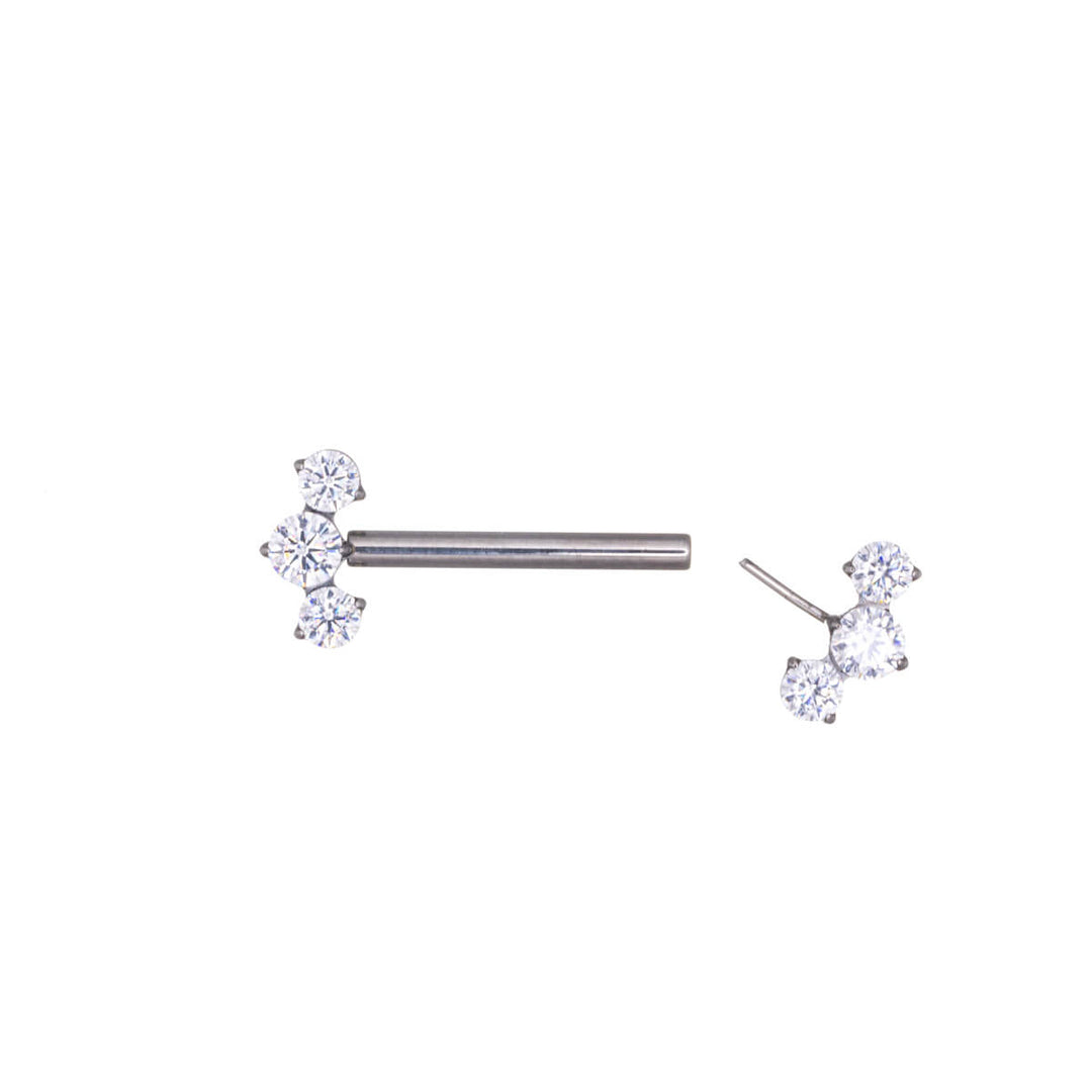 Zirconia nipple ring with push-in curved ends 3 CZ (Titanium G23)