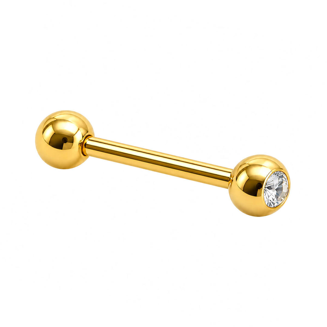 Gold-plated titanium tongue ring with a clear glass stone
