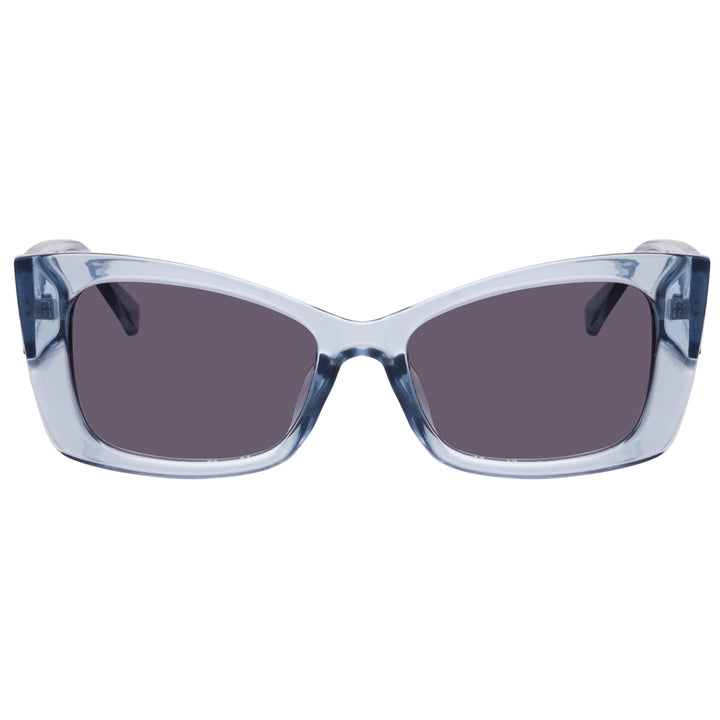 Angled sunglasses with buckled lens