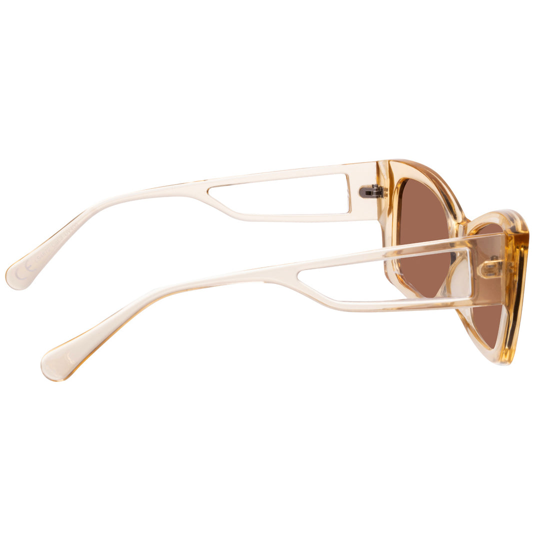 Angled sunglasses with buckled lens