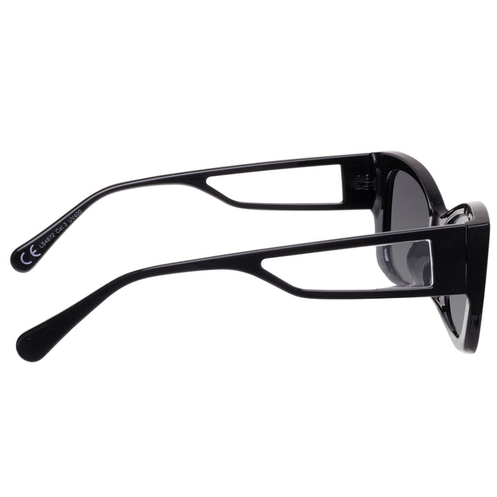 Angled sunglasses with buckled lens